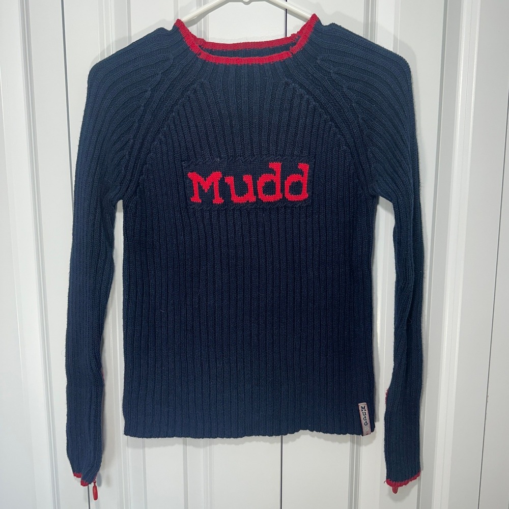 Mudd Sweater Girls XL 18 Navy Blue Red Logo Ribbed Knit Zipper Cuffs Vintage